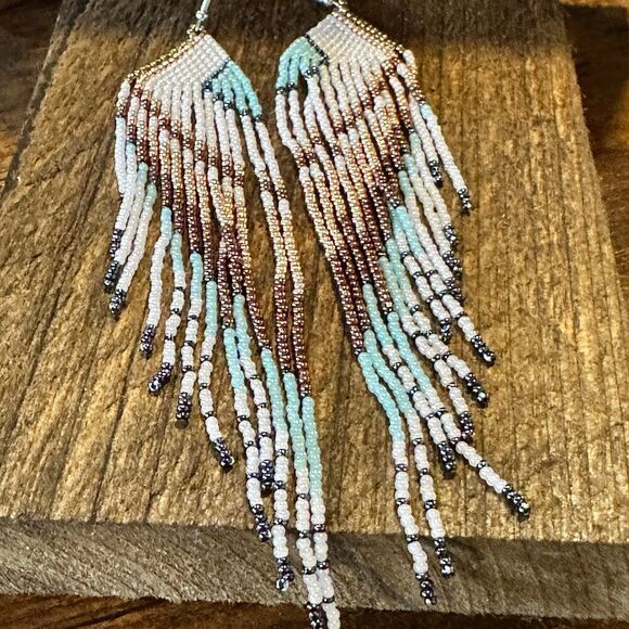 Boho Native American Navajo Seed Bead Dangle Wire Earrings, Turquoise Stone, Gi - Picture 6 of 11